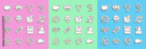 Set line Hedgehog, Eagle head, Macaw parrot, Cow, Jellyfish, Owl bird, Sheep and Swan icon. Vector photo