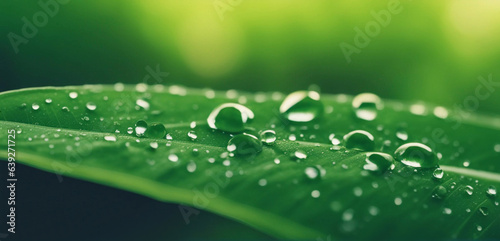 Close-up of a green leaf with dew. Generative AI.