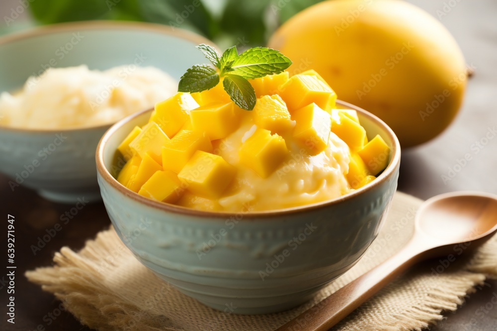 Oat or rice porridge breakfast with cubed mango served. Generative ai Oat or rice porridge breakfast with cubed mango served. Generative ai
