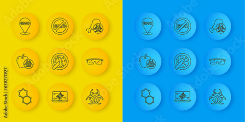 Set line Chemical formula, Genetically modified apple, Petri dish with bacteria, Biohazard symbol, Laboratory glasses, GMO, Gmo research chicken and No icon. Vector