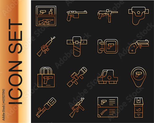 Set line Pepper spray, Location with weapon, Small gun revolver, Submachine M3, Knife holster, M16A1 rifle, Hunting shop and icon. Vector
