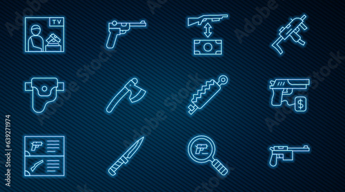 Set line Mauser gun, Buying pistol, assault rifle, Wooden axe, Gun holster, Advertising weapon, Trap hunting and icon. Vector