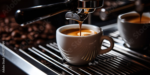 Coffee maker machine closeup hot espresso pouring in a cup from a professional portafilter in a café shop Cafe Espresso Magic Hot Pour from Professional Portafilter AI Generative 