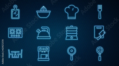 Set line Spatula, Cutting board and meat chopper, Chef hat, Kettle with handle, Gas stove, Slow cooker and Citrus fruit juicer icon. Vector