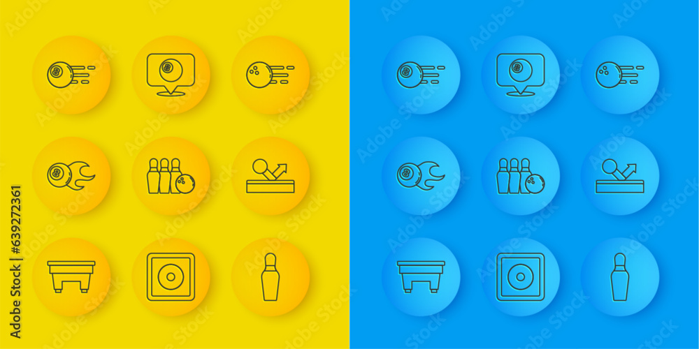 Set line Billiard table, ball, Bowling pin and, and Location with billiard icon. Vector Set line Billiard table, ball, Bowling pin and, and Location with billiard icon. Vector