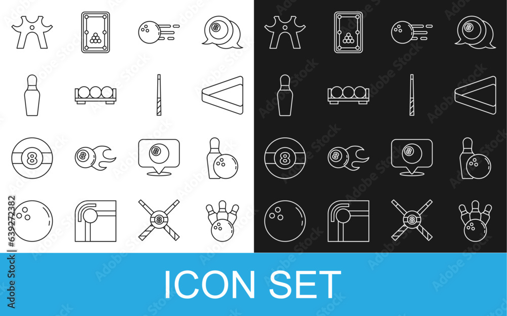 Set line Bowling pin and ball, Billiard triangle, balls on stand, rest and cue icon. Vector