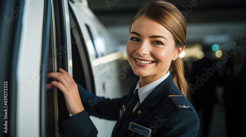Female pilot in the background of an airplane cockpit © MP Studio