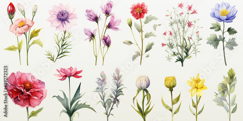 Set of flowers watercolor style.