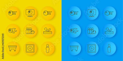 Set line Billiard table, ball, Bowling pin and, and Location with billiard icon. Vector