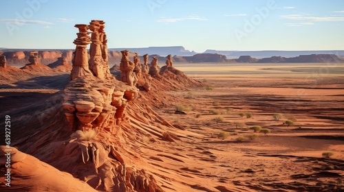 Arid desert plain with towering sandstone spires in distance 