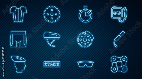 Set line Bicycle chain, air pump, Stopwatch, helmet, Cycling shorts, t-shirt, brake disc and sprocket crank icon. Vector