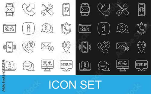 Set line Speech bubble with text Help, Location information, Telephone 24 hours support, Screwdriver and wrench spanner, Information, Question Answer, Mobile envelope and icon. Vector