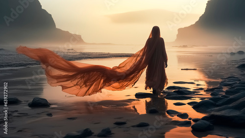 A woman in a long sheer dress like a fashion halloween ghost costume on the beach. Halloween concept.