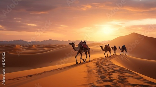 Camel caravan making its way across vast sand dunes 