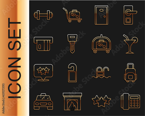 Set line Telephone handset, Suitcase, Cocktail, Hotel door, lock key, Credit card, Dumbbell and luggage cart icon. Vector