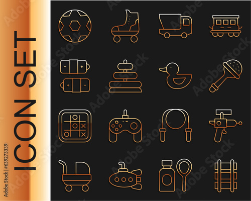 Set line Toy railway, Ray gun, Rattle baby toy, truck, Pyramid, Battery, Soccer football ball and Rubber duck icon. Vector