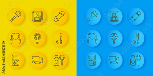 Set line Tetris electronic game, Jump rope, Rattle baby toy, Soap bubbles bottle, Baseball bat with ball, Skateboard and Tic tac toe icon. Vector