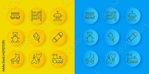 Set line Roller skate, Teddy bear plush toy, Toy horse, train, Skateboard, Passenger cars, Robot and Abacus icon. Vector