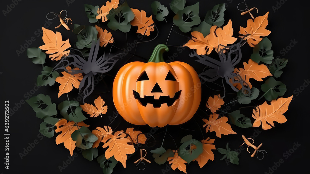 Top view Smiling orange Halloween pumpkin with border of papercut leaves and papercut spider web on black background. Generative AI. October autumn background Top view Smiling orange Halloween pumpkin with border of papercut leaves and papercut spider web on black background. Generative AI. October autumn background