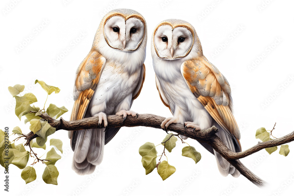 Obraz premium Image of two barn owl on a branch on a white background. Birds. Animals. Illustration, Generative AI.