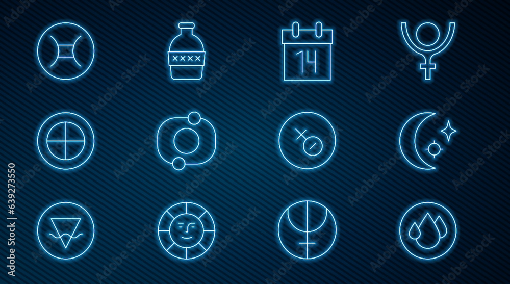 Set line Water drop, Moon and stars, Calendar, Solar system, Earth globe, Gemini zodiac, Venus symbol and Bottle of water icon. Vector Set line Water drop, Moon and stars, Calendar, Solar system, Earth globe, Gemini zodiac, Venus symbol and Bottle of water icon. Vector