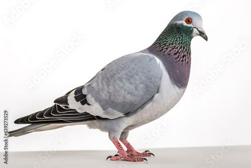 Image of pigeon standing on white background. Wildlife Animals. Illustration. Generative AI. © yod67