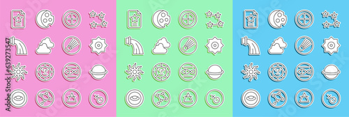 Set line Venus symbol, Planet Saturn, Falling star, Earth globe, Cloudy weather, Aquarius zodiac, Star constellation and Comet icon. Vector