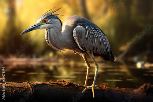 Image of black crowned night heron in the fertile forest. Wildlife Animals. bird. Illustration, Generative AI.