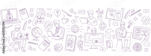 Learning online, e-learning video call chat with class. Distance education