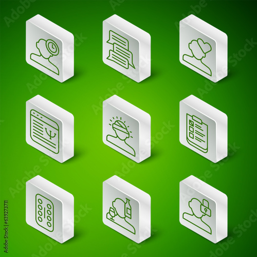 Set line Closed personality, Alcoholism, Insomnia, Concussion, headache, Online psychological counseling, Sedative pills and Psychological test icon. Vector