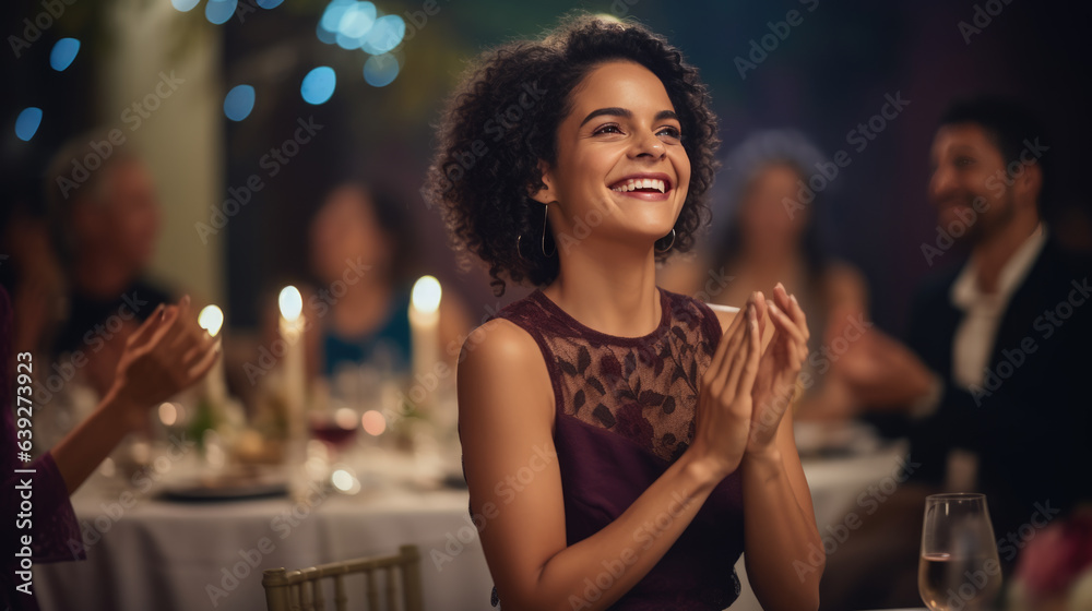 Young beautiful woman claps her hands at a restaurant event.