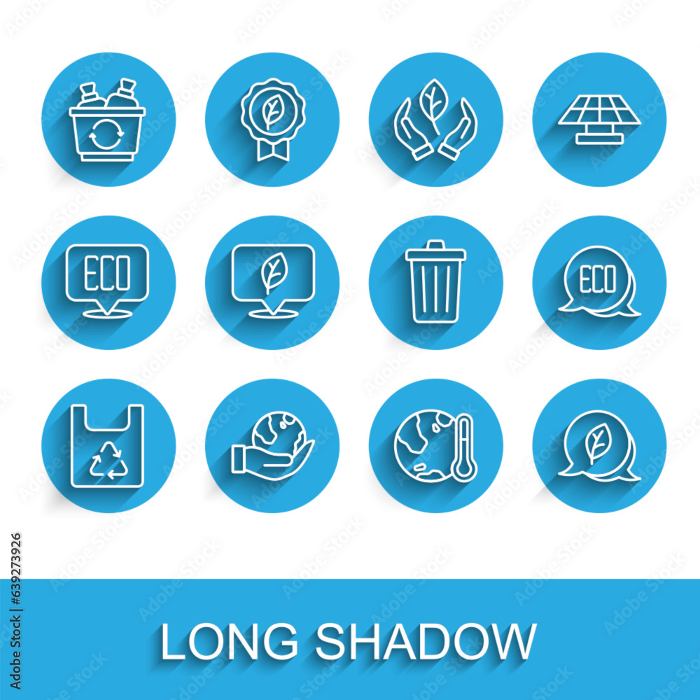Set line Shopping bag with recycle, Hand holding Earth globe, Recycle bin, melting to global warming, Leaf Eco symbol, Location leaf, and Trash can icon. Vector Set line Shopping bag with recycle, Hand holding Earth globe, Recycle bin, melting to global warming, Leaf Eco symbol, Location leaf, and Trash can icon. Vector