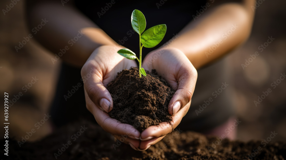 Woman holds fertile soil in his hands with growing green seedling. - obrazy, fototapety, plakaty 
