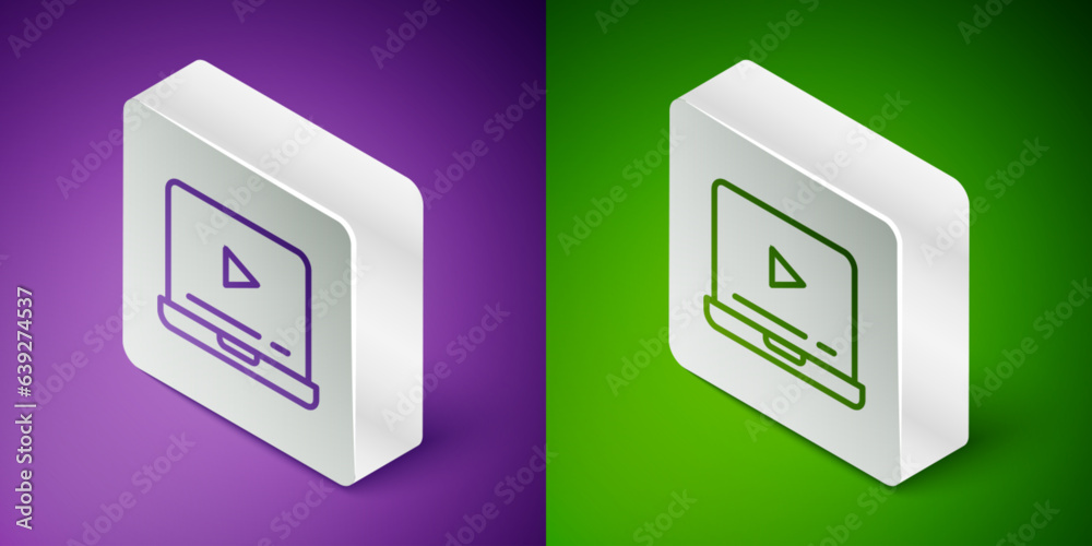 Isometric line Online play video icon isolated on purple and green background. Laptop and film strip with play sign. Silver square button. Vector Isometric line Online play video icon isolated on purple and green background. Laptop and film strip with play sign. Silver square button. Vector