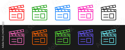 Set line Movie clapper icon isolated on black and white background. Film clapper board. Clapperboard sign. Cinema production or media industry. Vector