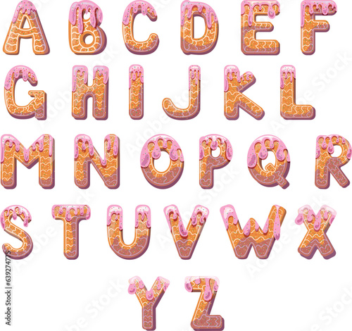 Alphabet material in the form of gingerbread with icing with a fun atmosphere. Cheerful, multi-colored, glossy, children's alphabet. Colored letters. Vector illustration. Set of letters of the English