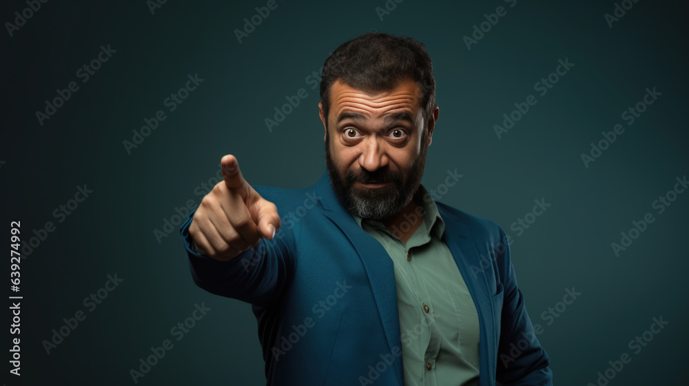 Middle aged man wearing casual clothes pointing with hand and finger to the side looking at the camera. Middle aged man wearing casual clothes pointing with hand and finger to the side looking at the camera.