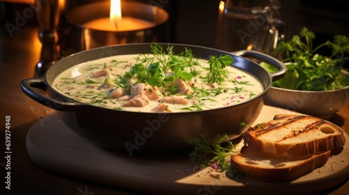 Traditional Norwegian fish soup with cream and salmon.