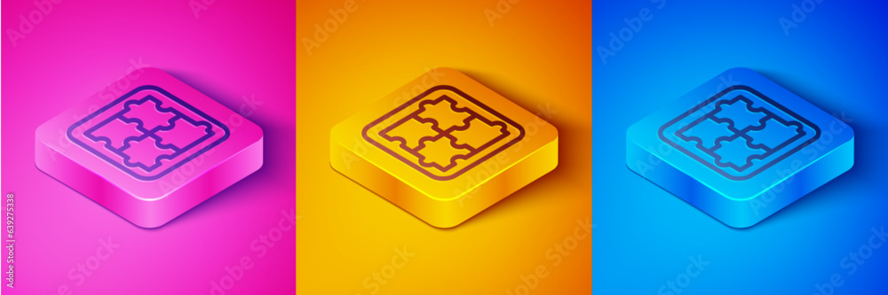 Isometric line Solution to the problem in psychology icon isolated on pink and orange, blue background. Puzzle. Therapy for mental health. Square button. Vector Isometric line Solution to the problem in psychology icon isolated on pink and orange, blue background. Puzzle. Therapy for mental health. Square button. Vector
