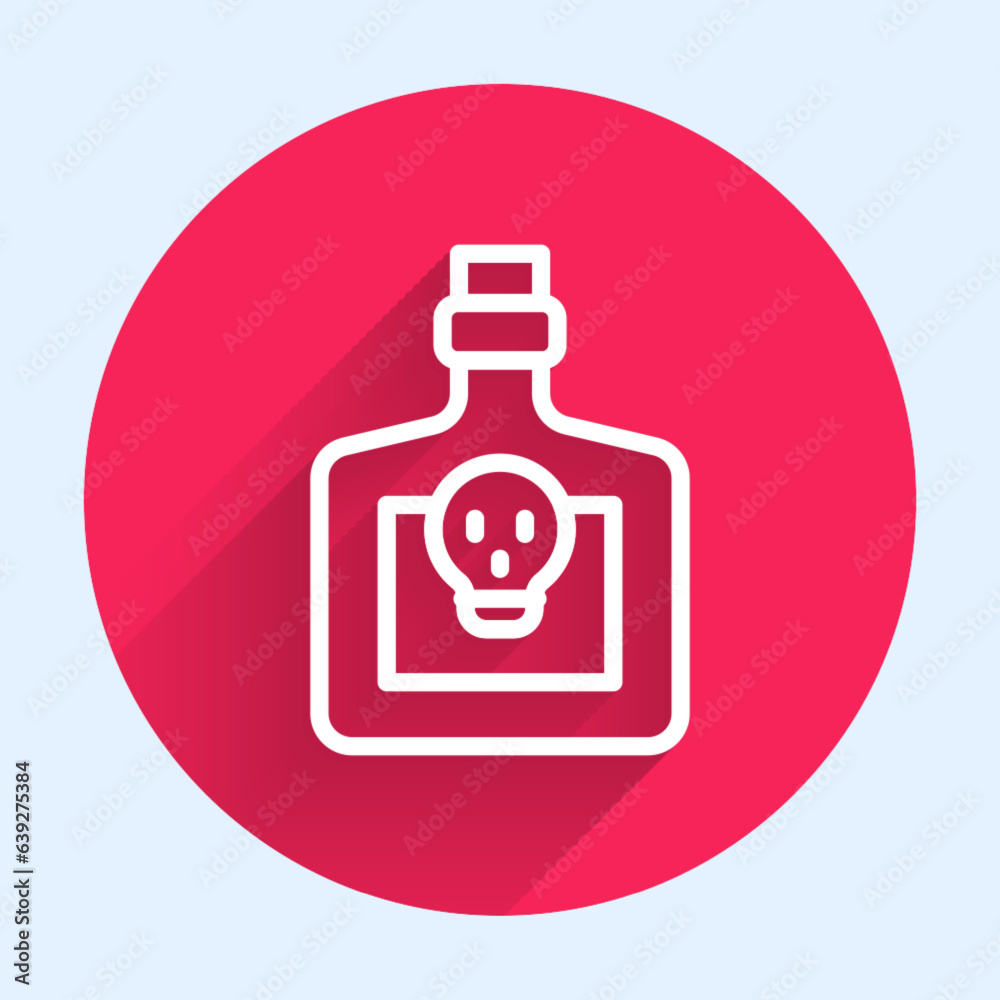 White line Bottle with potion icon isolated with long shadow background. Flask with magic potion. Happy Halloween party. Red circle button. Vector White line Bottle with potion icon isolated with long shadow background. Flask with magic potion. Happy Halloween party. Red circle button. Vector