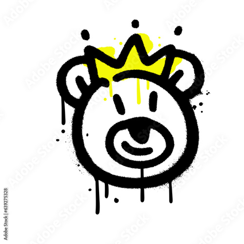 Grunge teddy bear face with crown urban graffiti drawing. Vector textured illustration design for fashion graphics, t shirt prints in 90s street art style