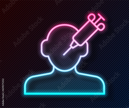 Glowing neon line Addiction to the drug icon isolated on black background. Heroin, narcotic, addiction, illegal. Sick junkie with a syringe and medical pills. Vector