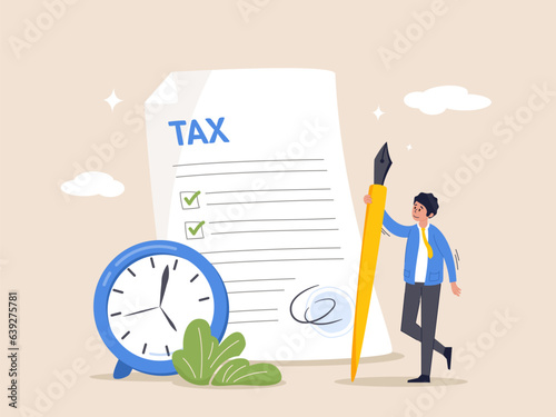 Tax time reminder concept. Income tax planning, government payment date or financial refund, schedule or revenue calculation, businessman holding pencil with tax paper document and alarm clock.