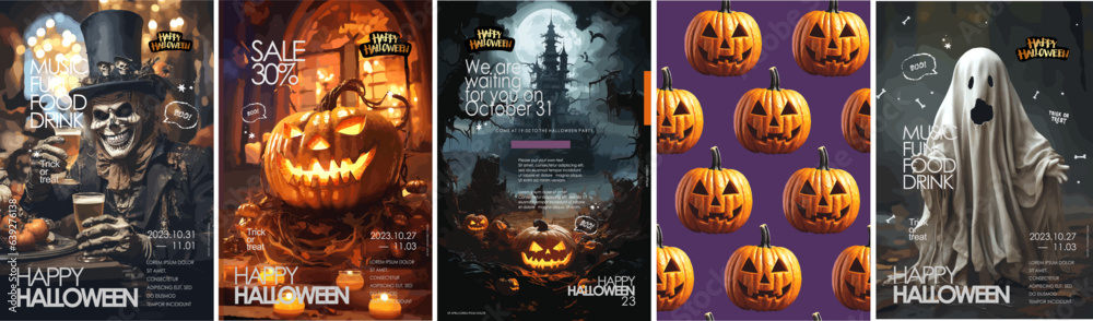 Happy Halloween. Vector illustrations of costume party, pumpkin, pattern, gloomy castle and ghost for background, poster or flyer. AI Generated - obrazy, fototapety, plakaty 