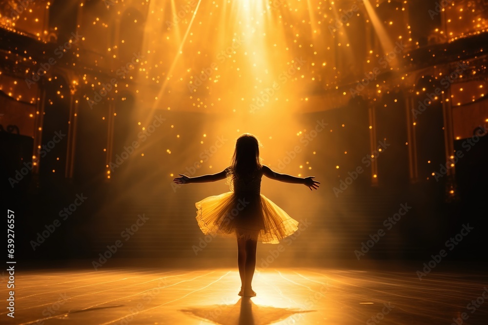 Rear view of little girl dancing ballet under spotlight on stage, little friends dancing on stage
