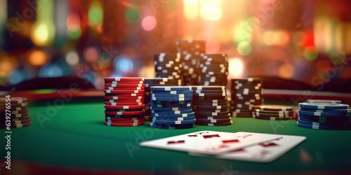 A blurred poker table with cards in the casino.