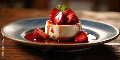 A cheesecake with strawberries on top on a plate