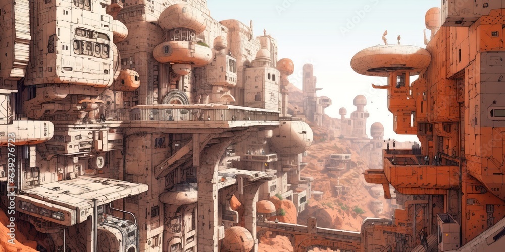 An anime manga illustration of a scifi city in the desert, generative ai technology