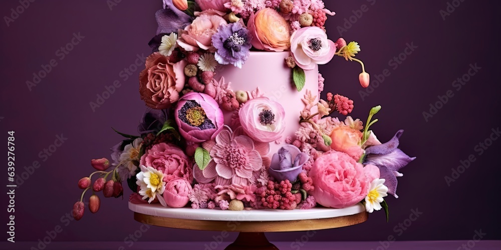 Big, beautiful, pink cake decorated with flowers Big, beautiful, pink cake decorated with flowers