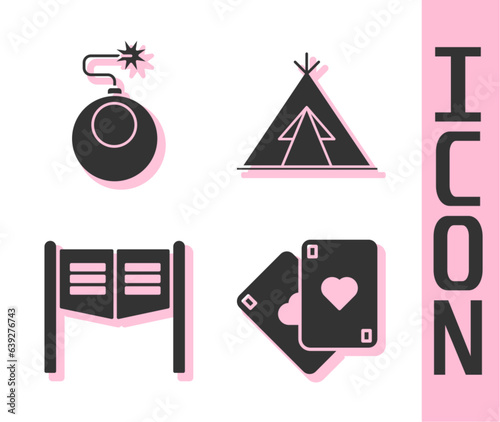 Set Playing cards, Bomb ready to explode, Saloon door and Indian teepee or wigwam icon. Vector